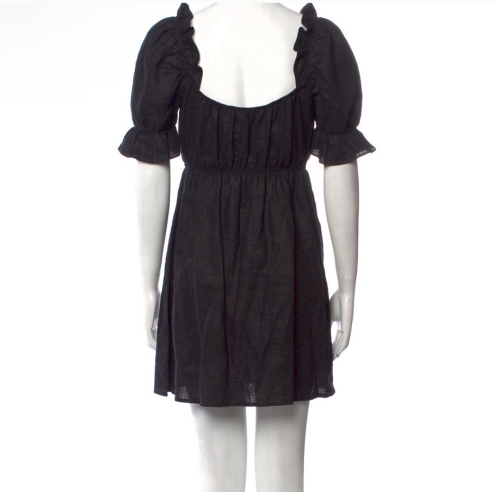 $178 Reformation Linen Puff Sleeved Channa mini dress Medium Black 100% LINEN